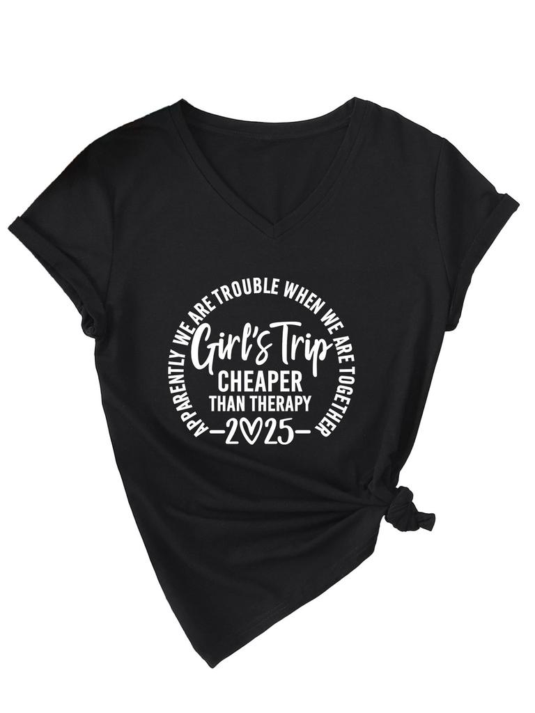 Inspirational Text Printed Top Loose Casual Simple V-neck Short Sleeved Women's T-shirts