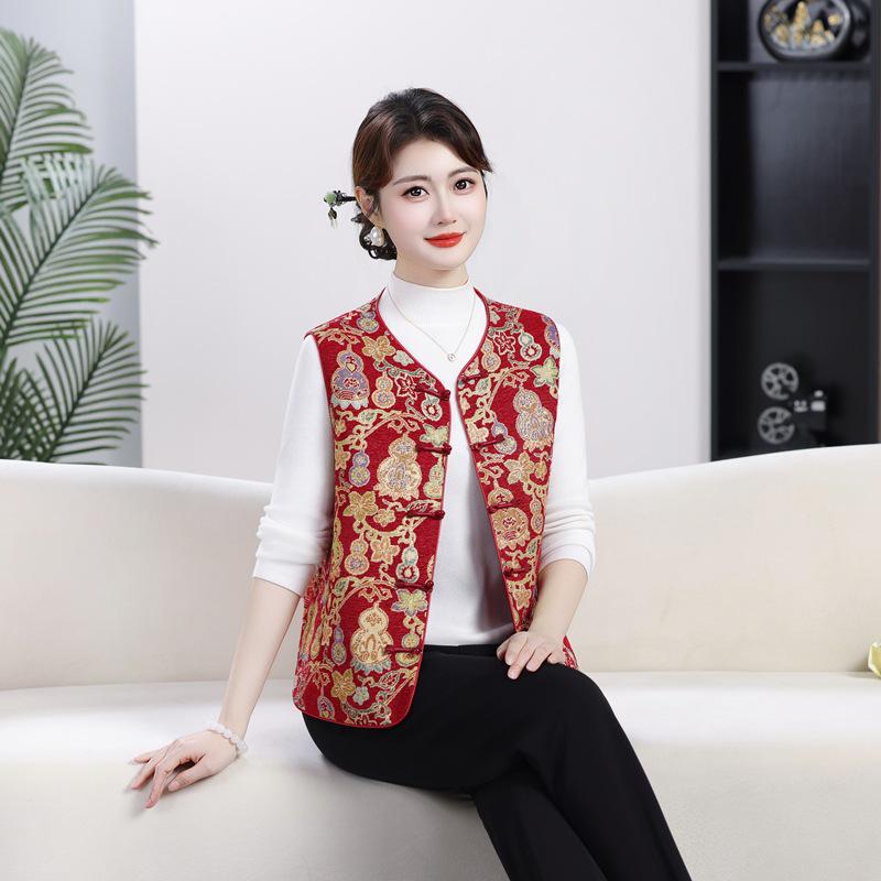 2026 Chinese Style Vest for Moms - Women's Round Neck Print, Versatile Shawl for Spring/Autumn