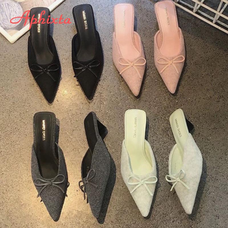 Fashion Aphixta Sweet Butterfly Knot Design Heels Slippers Flannel Upper Pointed Toe Summer Slip On Slides Fashion Green Baby Pink Shoes