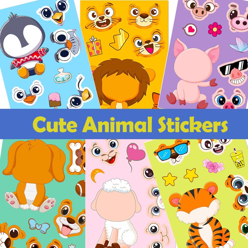 Non-Toxic 6 Sheets Face Kids Cartoon Animal Stickers Set Make-A- Decals For Notebook Phone Laptop Stationery Decoration