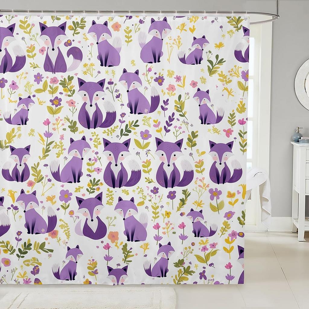 Pink Fox Shower Curtain Japanese Cherry Blossoms Bath Curtain Girls Teens Cute Cartoon Bathroom Shower Curtain Set Waterproof