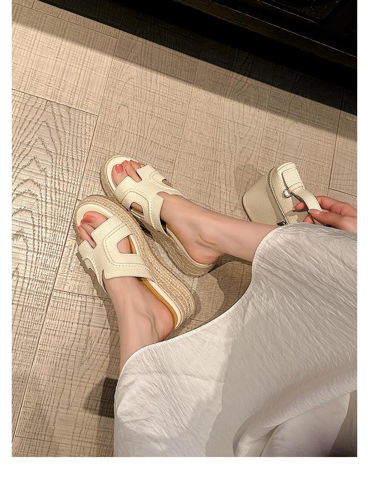

Sheepskin version! Zhao Ruth has the same style~ one-word cool slippers for women s summer wear straw muffin shoes, platform high-heeled sandals 35