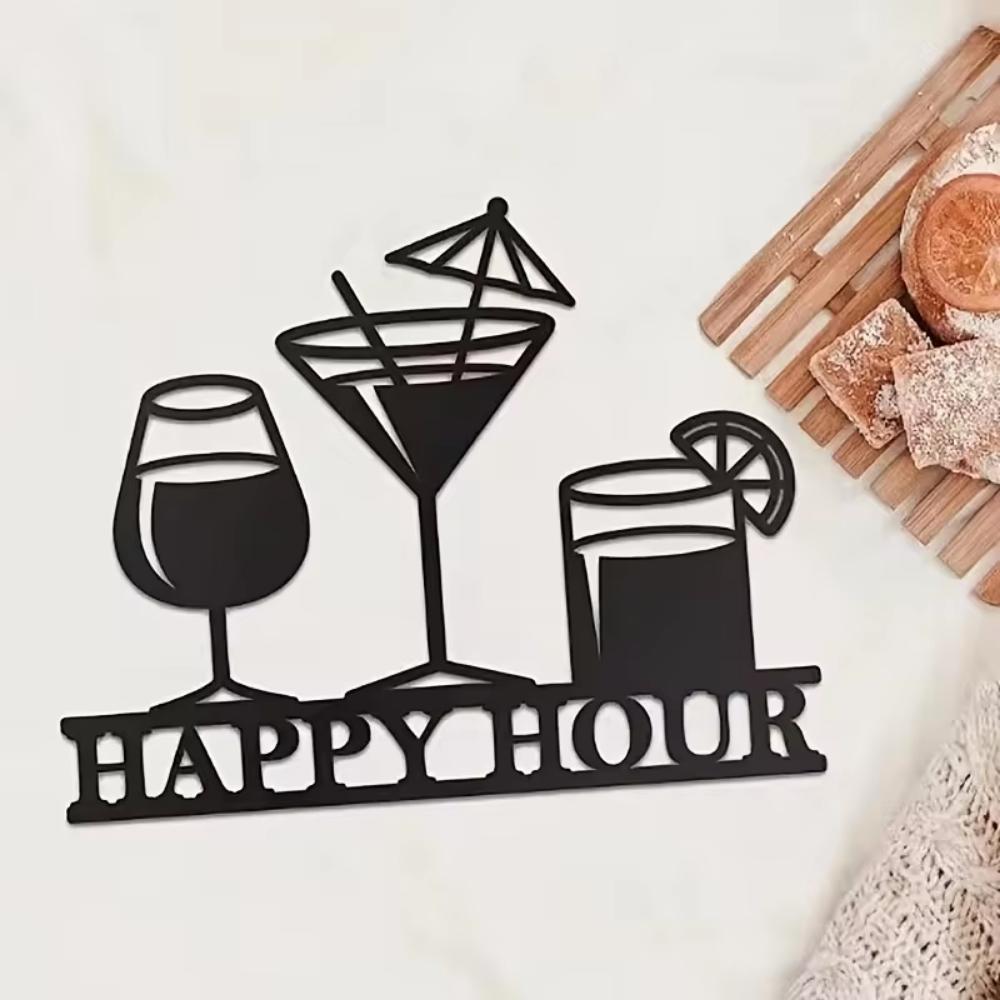 Stunning 1pc Happy Hour Metal Bar Sign! 14'' x 11''. Black wall decor for home bar. Room decor. Perfect for home bar decor.