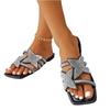 Women Square Toe Flat Slide Sandals Large Size Rhinestone Decorated Summer Fashion Casual Slip On Beach Shoes