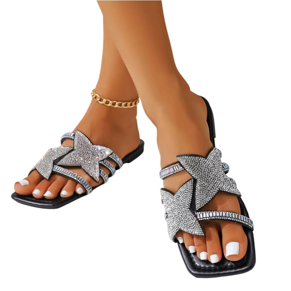 Women Square Toe Flat Slide Sandals Large Size Rhinestone Decorated Summer Fashion Casual Slip On Beach Shoes