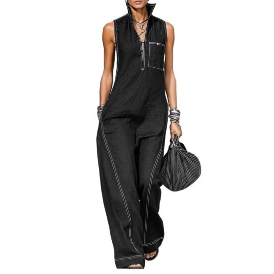 Damski kombinezon bez rękawów, casualowy, długie spodnie, romper z kieszeniami, letni, zapinany na zamek, ze stójką, jednoczęściowy kombinezon