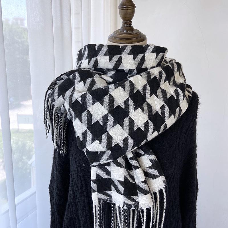 Women's Medium-Length Houndstooth Scarf - Warm, Sweet Style, Imitation Cashmere, Tassel Snood, Thick Shawl