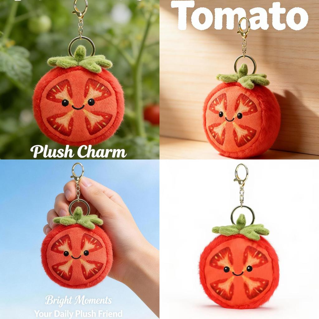 Plüsch-Tomatenscheiben-Schlüsselanhänger mit Stickerei-Design für Geschenk und Taschendekoration