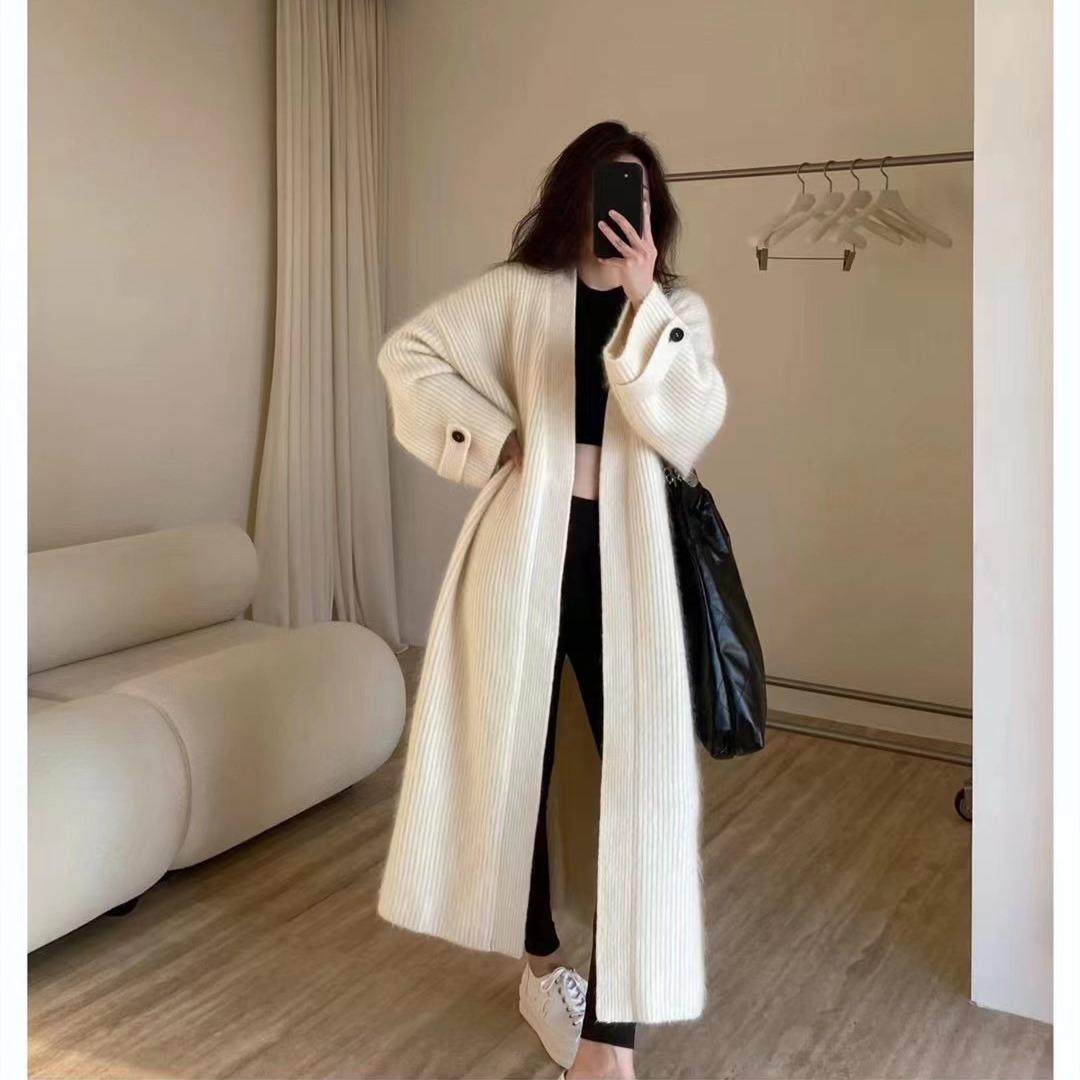 

Plus Size Korean Style Mid-Length Knit Cardigan for Women - Autumn/Winter One Size грязно-белый