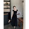 Fashion and Foreign Style Spice Girl Square Neck Short-sleeved Dress Women's Summer New Slim and Thin Solid Color a Word Medium and Long Skirt