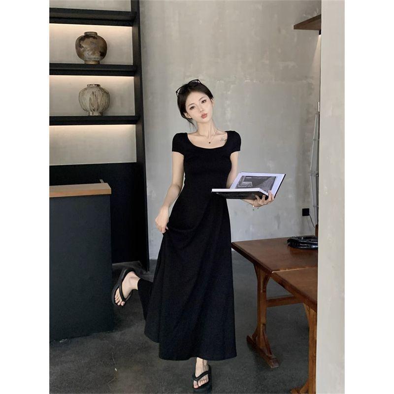 Fashion and Foreign Style Spice Girl Square Neck Short-sleeved Dress Women's Summer New Slim and Thin Solid Color a Word Medium and Long Skirt