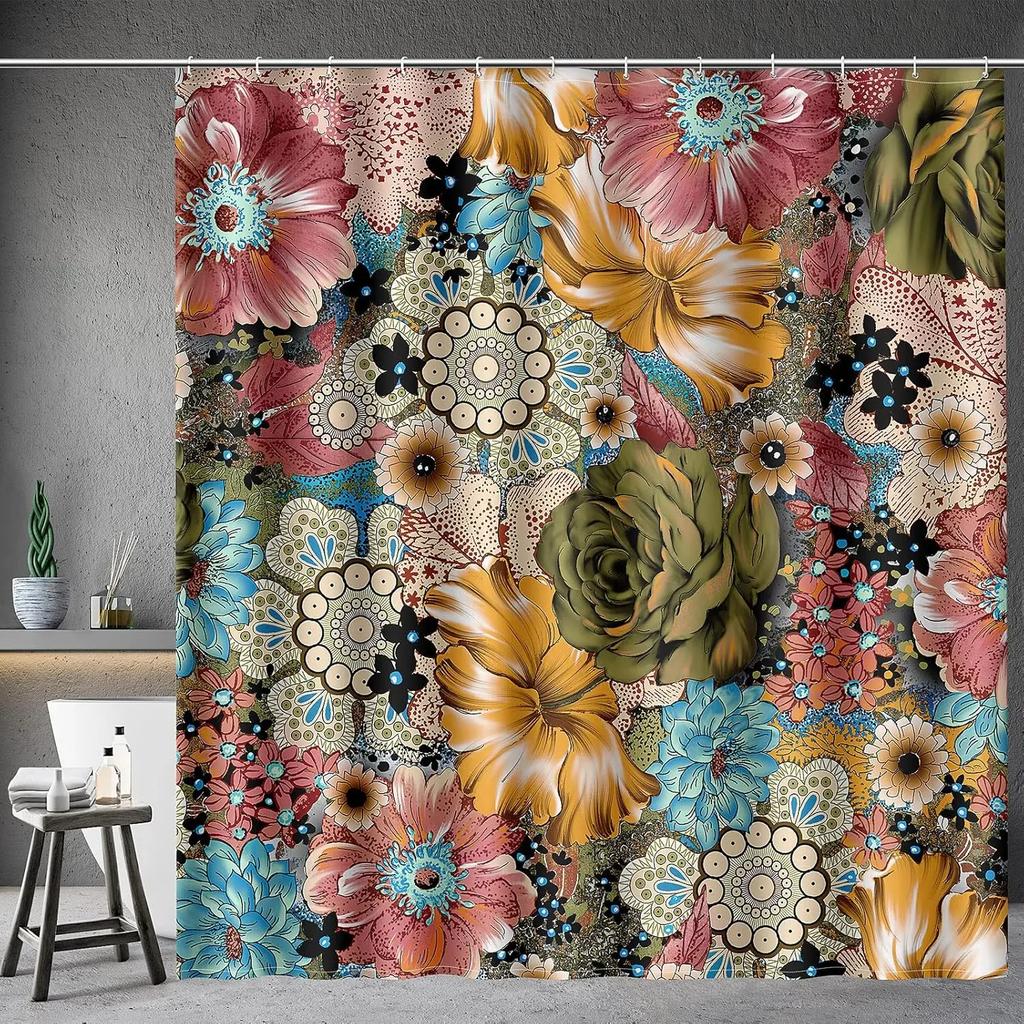 Mandala Bohemian Colorful Floral Shower Curtain Home Decorative Bathtub Shower Curtain, Bathroom Decoration Accessories