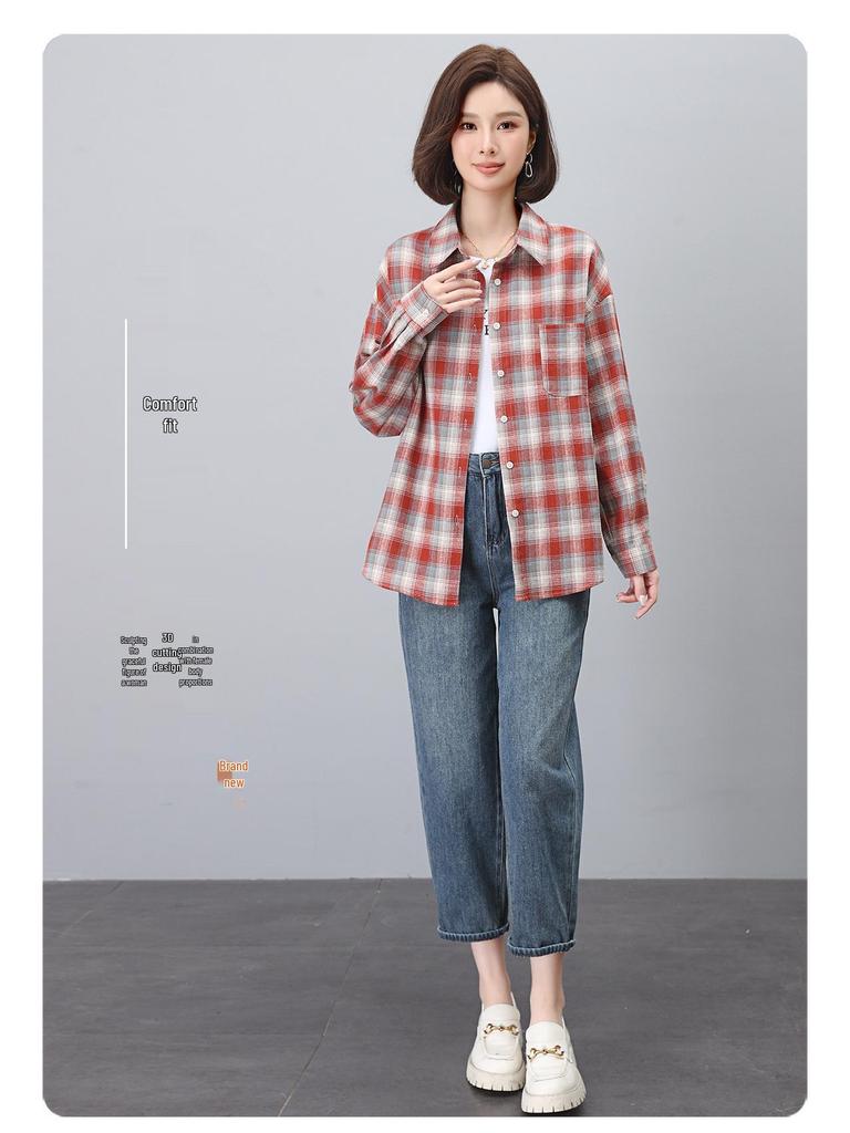 Women's Long Sleeve Pure Cotton Plaid Shirt - 2024 Autumn Mother's Blouse, Perfect for Spring and Autumn.