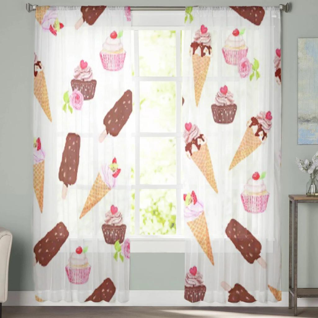 Ice Cream Cone And Cupcakes Tulle Curtain For Living Room Sheer Valance Curtain For Kitchen Bedroom Window Drapes