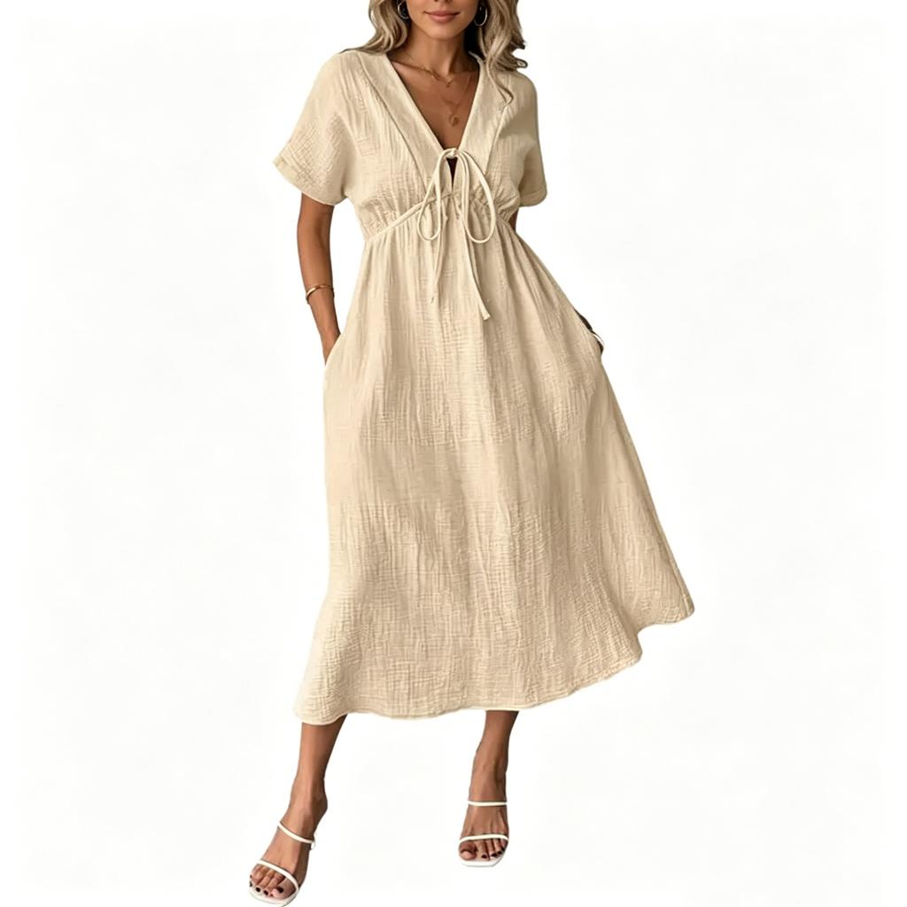 Women's Casual Loose Fit V Neck Tie Front Midi Dress Lightweight Comfortable Long Dress with Short Sleeves and Pockets for Everyday Wear