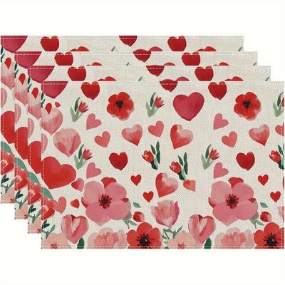 4/6pcs, Valentine's Day Placemats Red Floral Hearts Set of 4 Valentine's Day Holiday Indoor Kitchen Table Mats 12x18 Inch