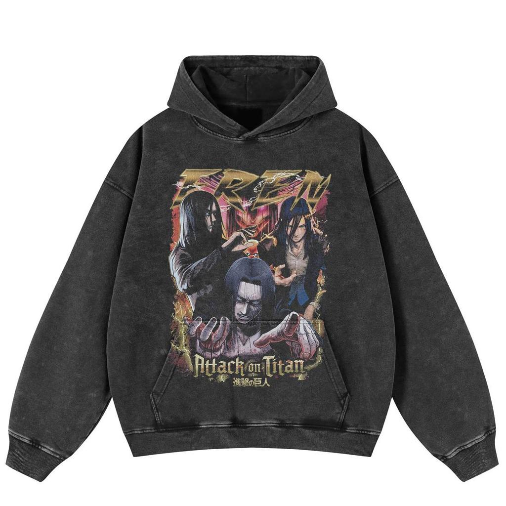 Streetwear Retro Japanese Cartoon Graphic Washed Black Oversized Unisex Y2K Hoodie