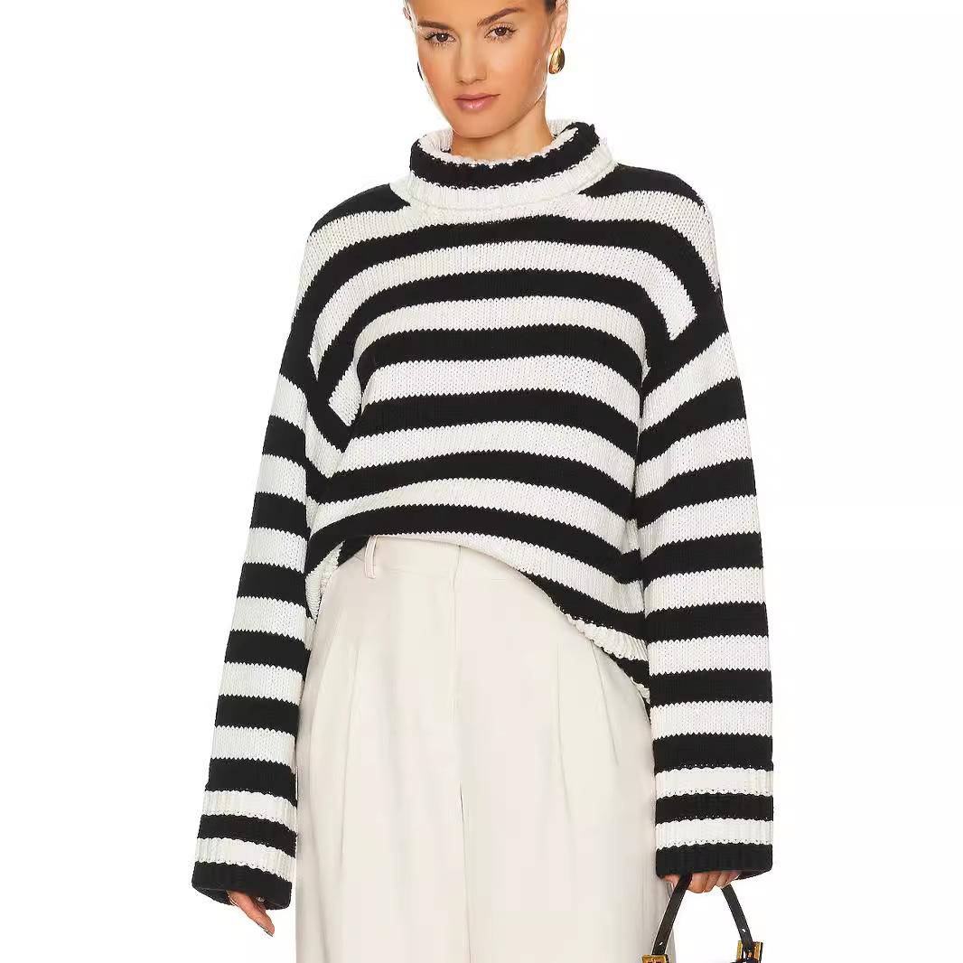 Модный женский полосатый теплый свитер с высоким воротом, корейский повседневный универсальный свитер с длинным рукавом, новый осенне-зимний кампусный свитер S чёрный