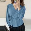 VONDA Women V-Neck Long Sleeve Lace-up Irregular Solid Color Casual Blouse