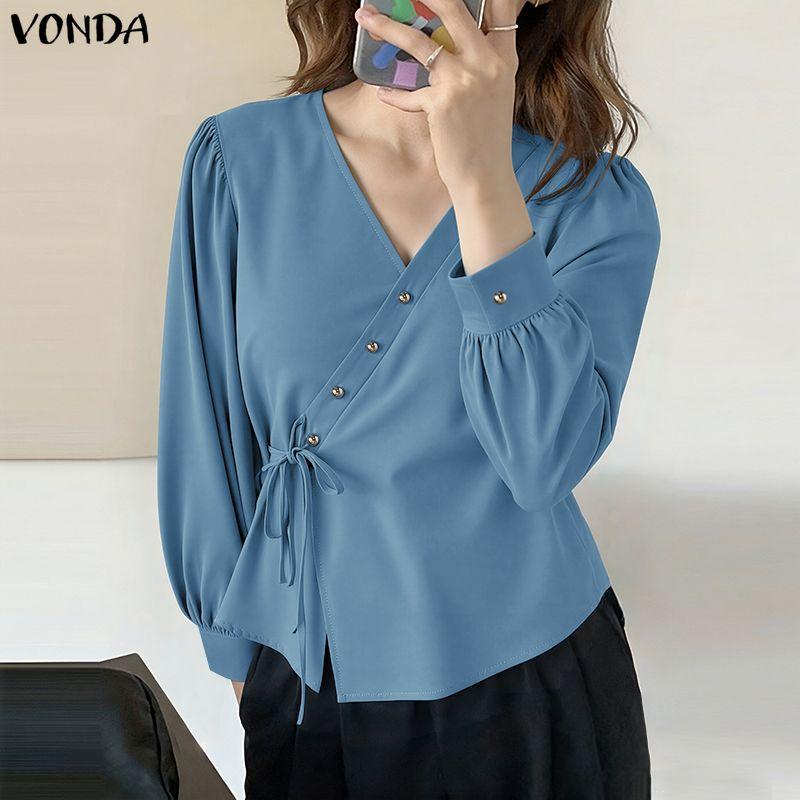 VONDA Women V-Neck Long Sleeve Lace-up Irregular Solid Color Casual Blouse