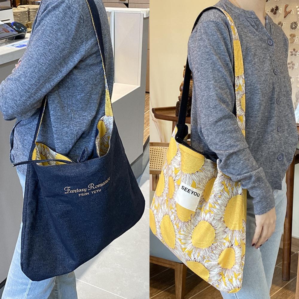 Retro Denim Shoulder Bag Flower Floral Canvas Bag Vintage Bohemian Messenger Bag  Women
