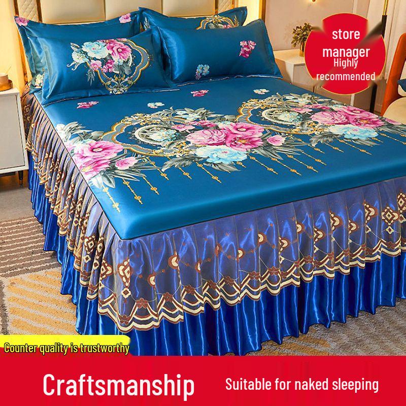 Ice Silk Lace Bed Skirt & Cool Mat Set - Breathable Rattan Design