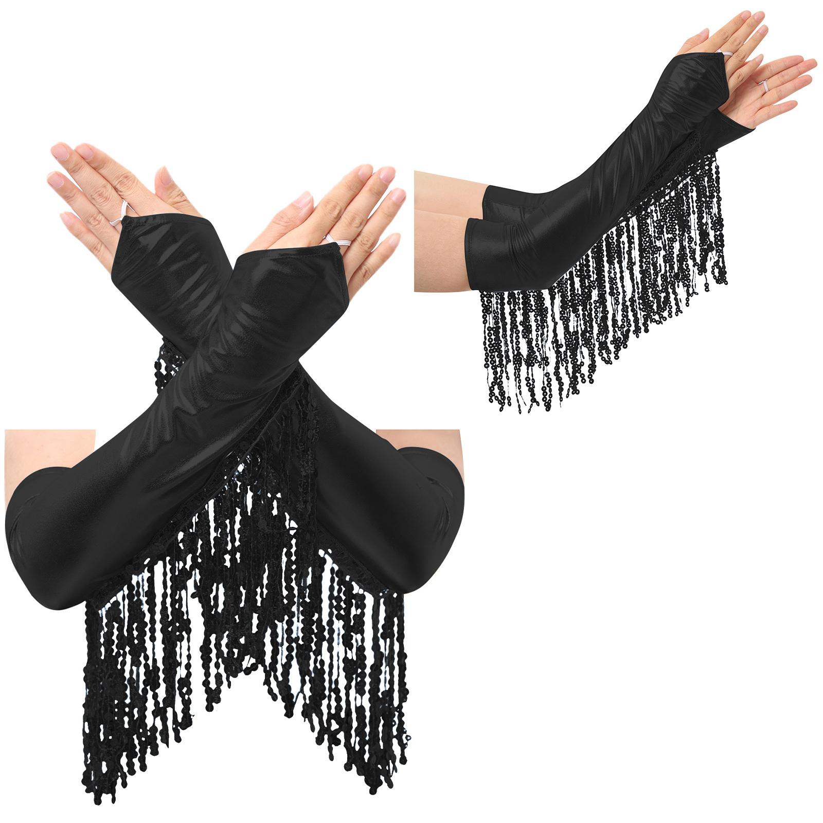 

Дорослі рукавички з паєтками та китицями, металеві блискучі без пальців, довжиною до ліктя, святкові мітенки для сценічного виступу One Size чорний