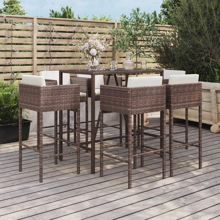 VidaXL Ensemble de bar de jardin avec coussins 7 pcs marron poly rotin, ensemble de table de bar, table et chaise de bar, 3200656
