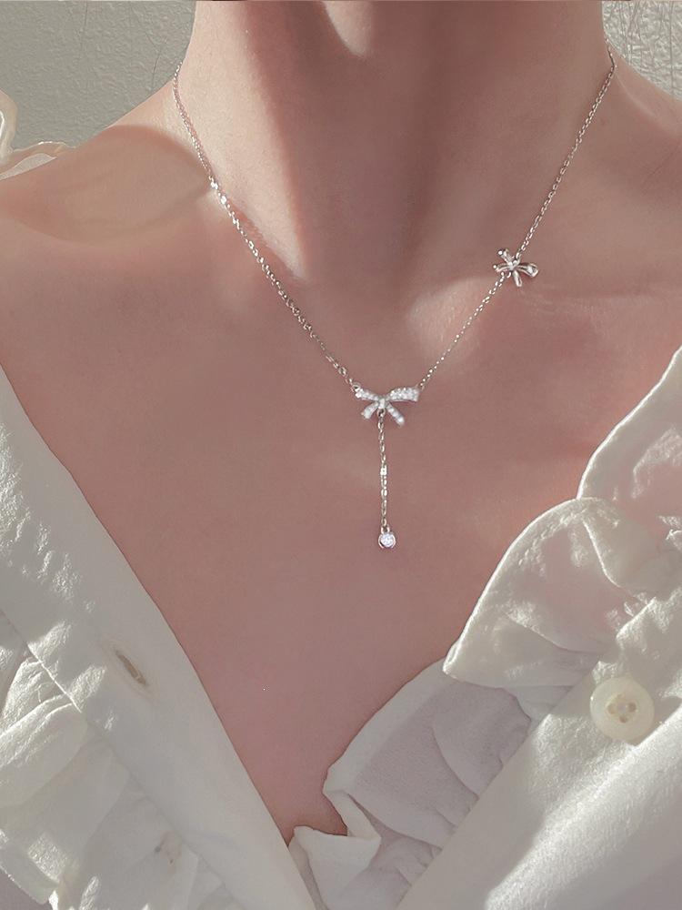 Gold Plated S925 Sterling Silver Double Bow Girly Necklace Clavicle Chain Pendant 925 Silver платиновый