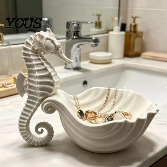 Storage Tray Jewelry Holder, Seahorse Shape Tray, with Wave Shell Durable Groove Design, for Rings Necklaces Earrings Dressing Table