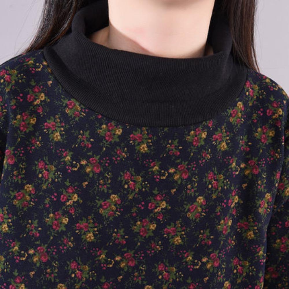 Loose Women's High Neck Floral Cotton Linen Dress