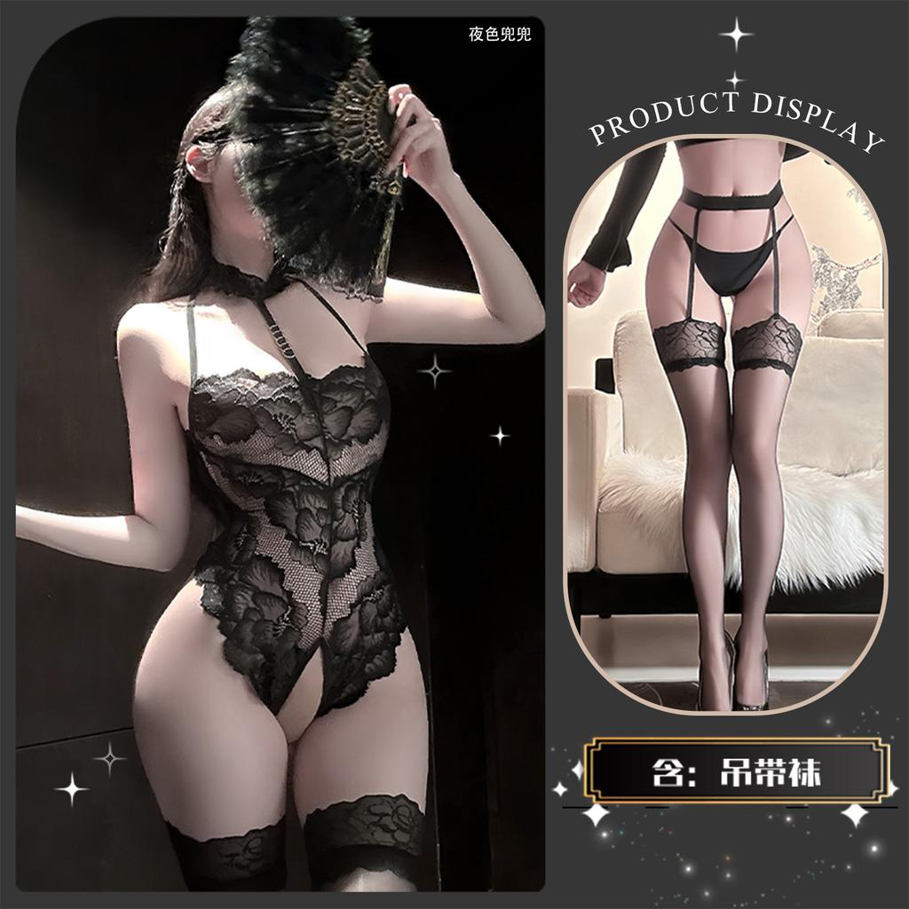 Sexy lingerie Sexy pure desire wind lace print Hollow onesie Slim open gear no-take-off clothing
