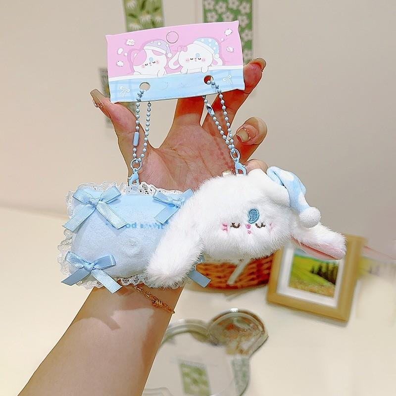Plush Rabbit And Pillow Keychain With Bow Tie And Nightcap Decor For Cute Bag Accessories
