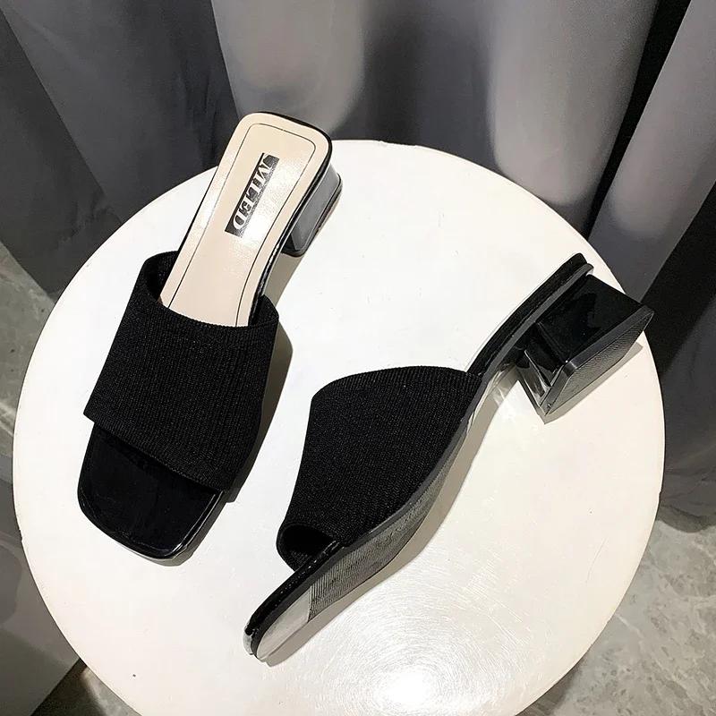 Fashion Comemore Fashion Knitted Stretch Open Toe Thick Heel Sandals Outdoor Casual Comfortable Elegant Women's Shoes Slippers Summer 40