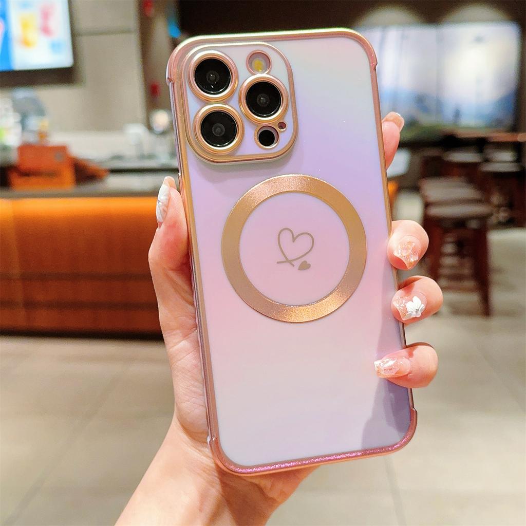 For iPhone 15 Pro Magnetic Case Iridescent TPU Phone Cover Side Small Love Heart Pattern