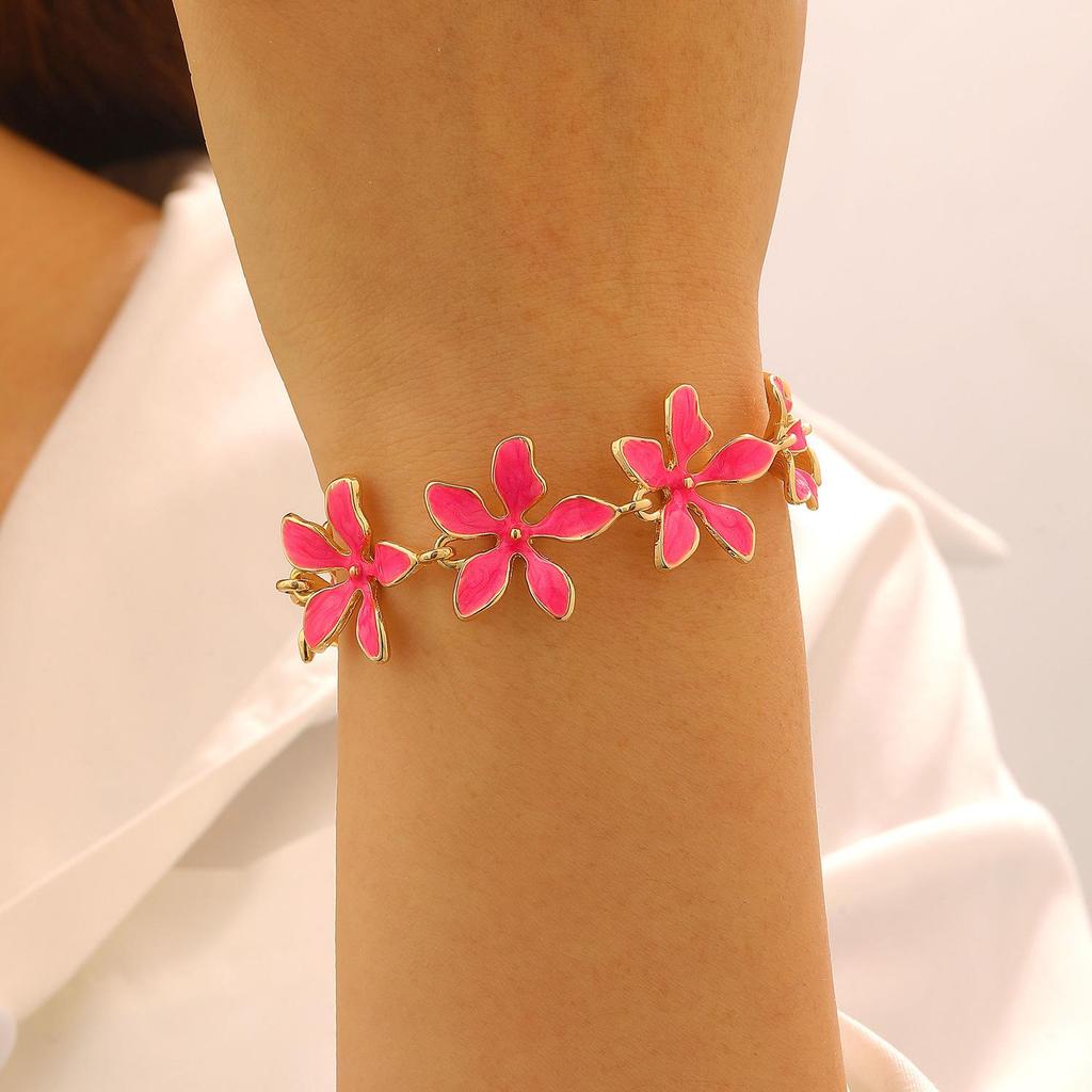 Colorful Geometric Enamel Flower Necklace & Bracelet Set for Women
