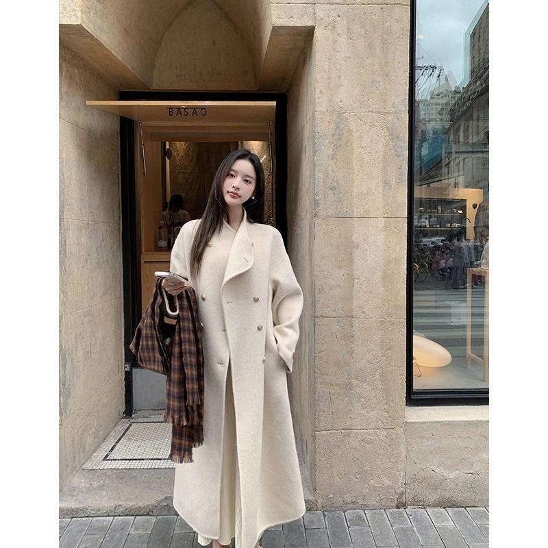 Women Grey Stand Collar Autumn Winter Loose Wool Coat with Double Buttons Clothes