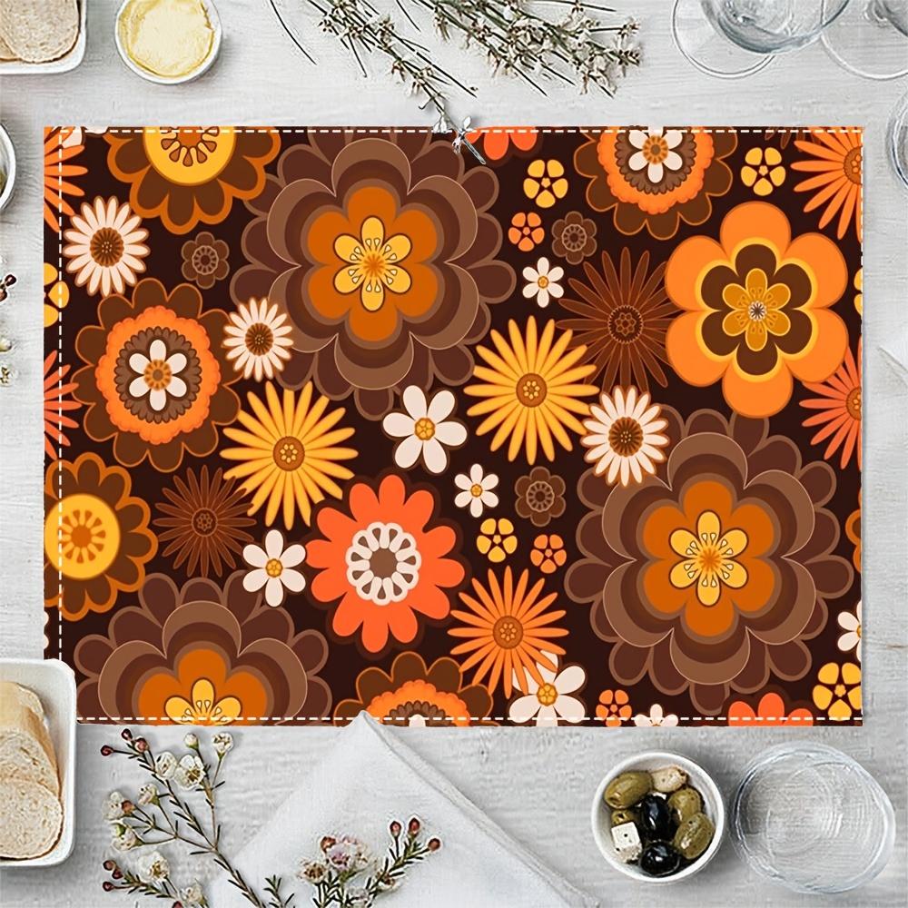 4pcs Vintage Floral Linen Placemats - 12x18 Inch, Vibrant Orange, Yellow & Brown Flower Design, Perfect for Dining & Coffee Tables, Home Decor,