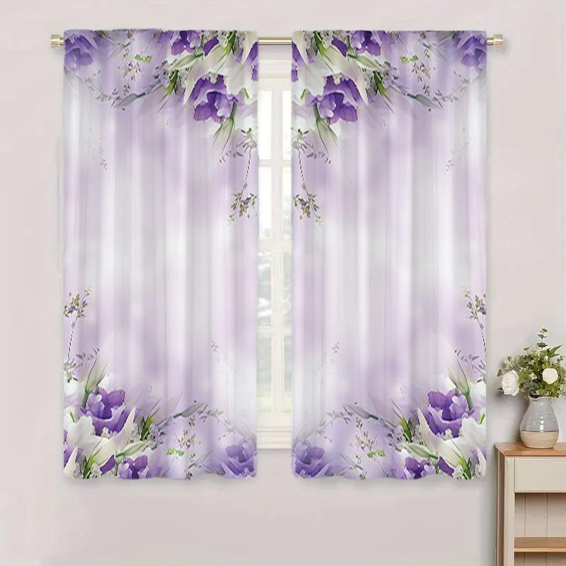 2 Pcs Elegant Purple & White Ombre Floral Curtains – Modern Rod Pocket Design for Living Room & Kitchen Decor