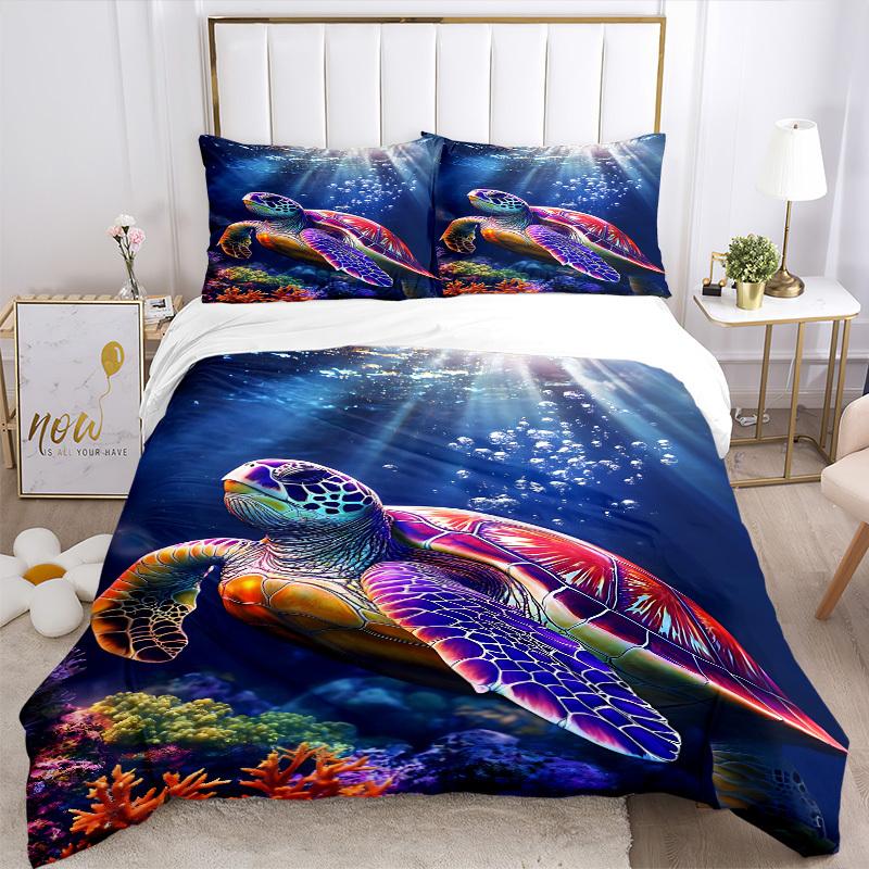 3pcs Sea Turtle Print Duvet Cover Set, Cover For Bedroom Guest Room (1 Duvet Cover + 2 Pillowcase, Without Quilt),  yy250922100