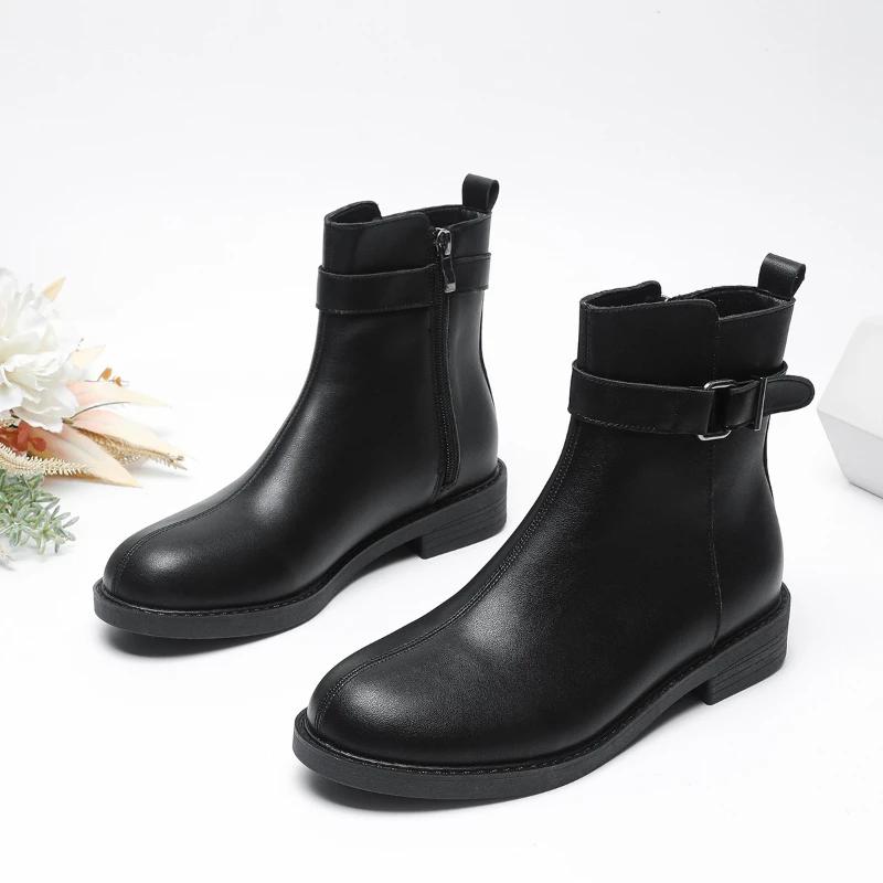 Fashion Belt Buckle Design Ankle Boots for Women Round Toe Soft Leather Side Zip Platform Boots Non-slip Brand Designer Flats