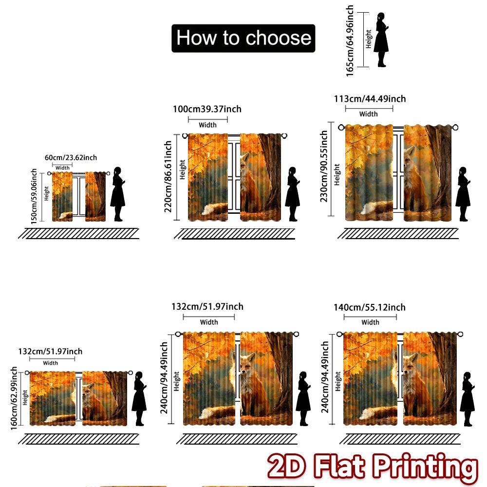2pcs   2D FLAT PRINTING Curtains (Without Rod) Autumn Fox Scene Chic Print Curtains Festival Durable Polyester Curtains Thermal