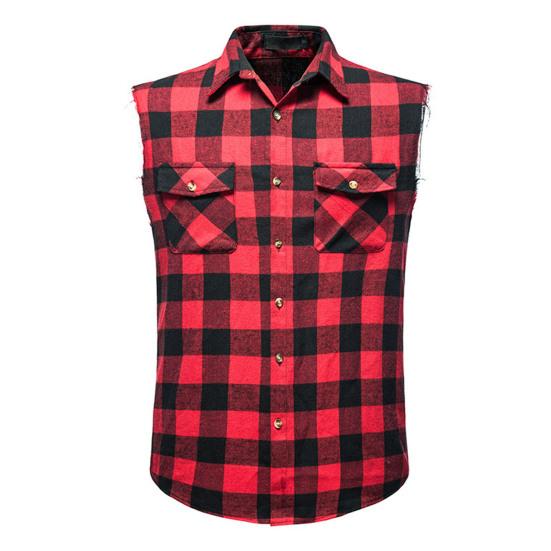 Lapel Flap Pockets Single Breasted Men Shirt Summer Plaid Print Sleeveless Shirt M красный