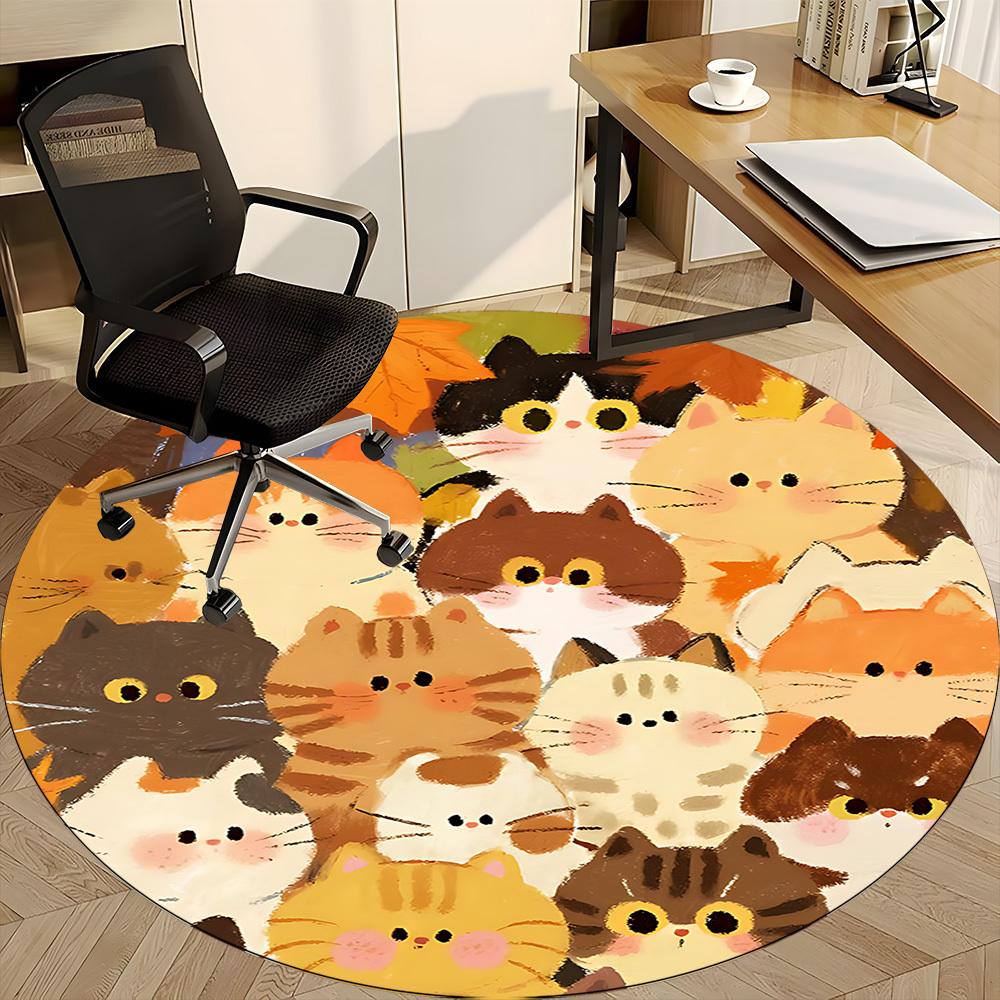 1pc Cat Autumn Office Round Area Rug, Indoor Mat Suitable ForOffice, Under Office Chairs Bedroom Living Room Home Decor, Room Deco N79