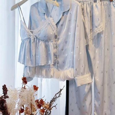 Damen Sommer Eis Seide Camisole Pyjama Set mit Brustpolstern - 4-teilig Langarm Hauskleidung