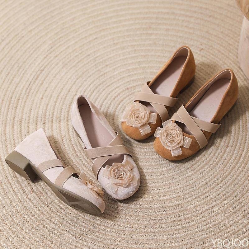 Retro minimalist Thick Heel Flower Women Shoes Ladies Casual Shallow mouth Elegant Round Toe Shoes Fashionable versatile shoes