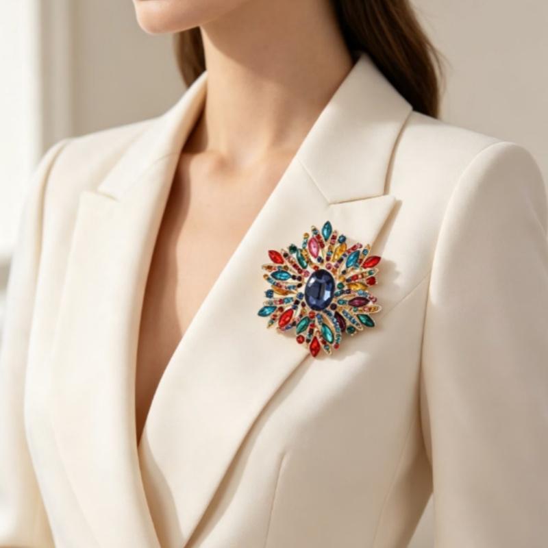 Multicolor Rhinestone Flower Brooch Shiny Crystals Gold Plated Frame For Wedding Party Formal Outfit Accessories
