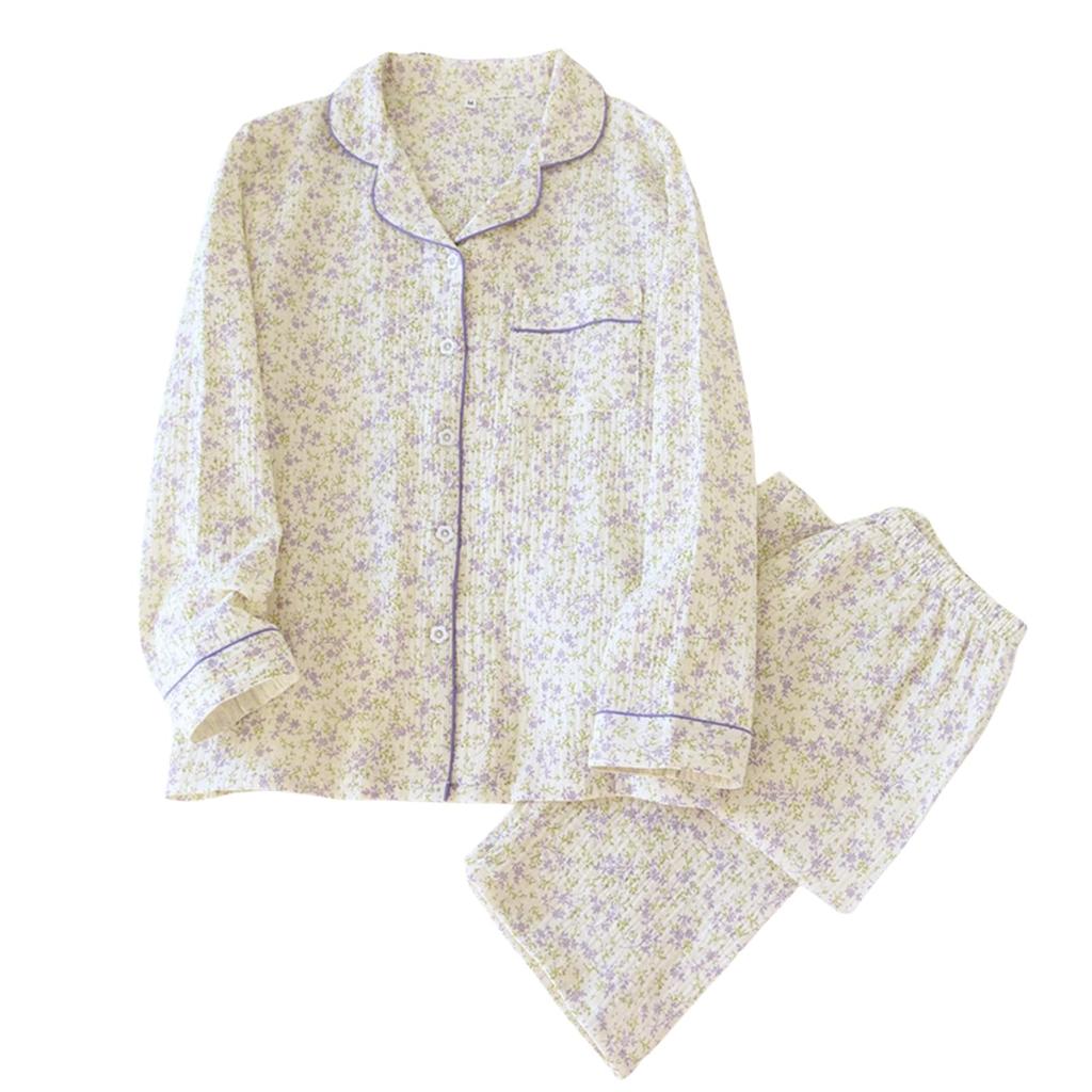GDenFrog Double Gauze Long Lavender Top and Bottom and Suitable for and Available in and XL Women's Pajamas, Loungewear, Sleeves, 100% Cotton, Set,