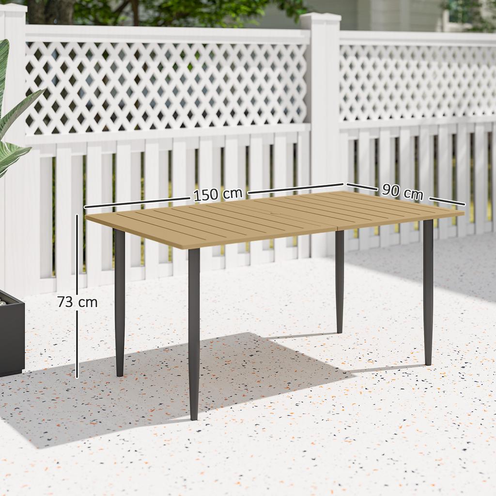 Garden Dining Table, 150 X 90 Cm Rectangle Outdoor Table with 5 Cm Parasol Hole, Slatted Tabletop and Steel Frame for Patio Balcony
