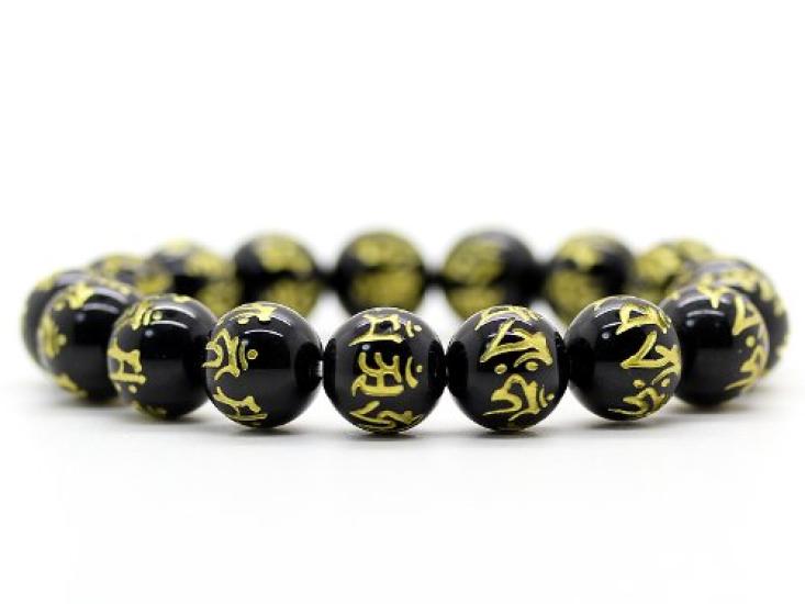 Brățară cu mărgele de rugăciune din onix sculptat aur, șapte caractere sanscrite, 12 mm, piatră naturală [Ishiki] [b286]